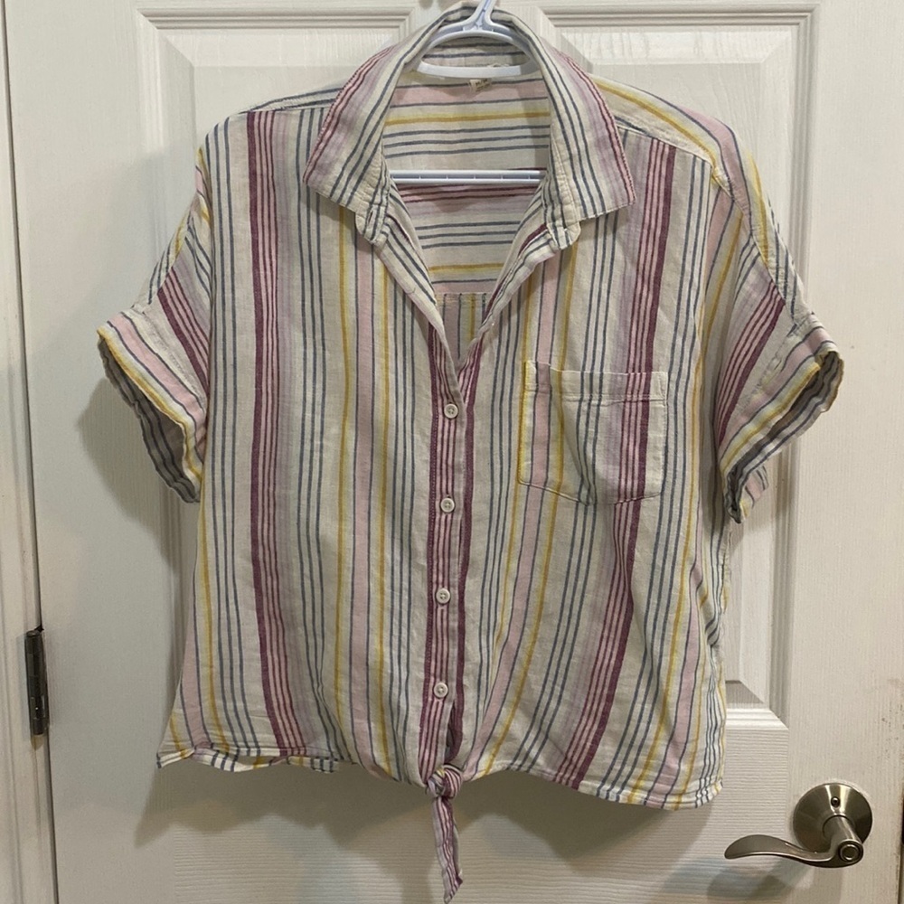Beach Lunch Lounge Women’s Striped Knot Front Short Sleeve Shirt Size Medium